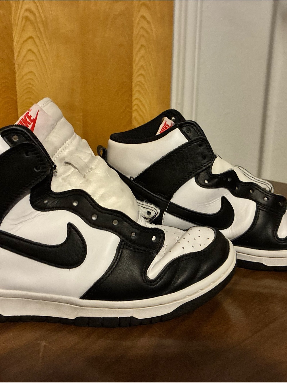 Nike Kids Black and White High-Top Sneakers with Red Tongue Logo